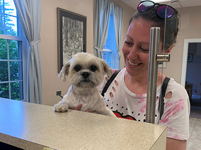 Little Dog with Paw Up on Teller Line